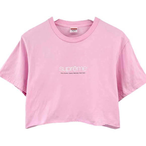 Supreme Pink New York Boroughs Logo Cropped Short Sleeve T-Shirt Tee sz S - Picture 1 of 6